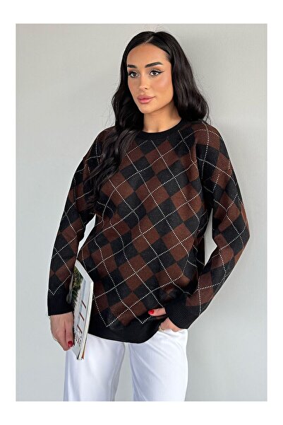LC Waikiki Nevavm Women's Plaid Patterned Oval Collar Knitwear Sweater with D...