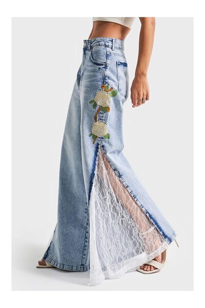 LC Waikiki Nevavm Women's Jean Color 4S5-27 Palazzo Fit Floral Embroidery Lac...