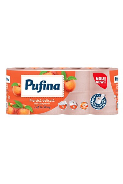 PUFINA Set 3 x Hartie Igienica Delicate Peach, Piersica, 3 Straturi, 8 Role