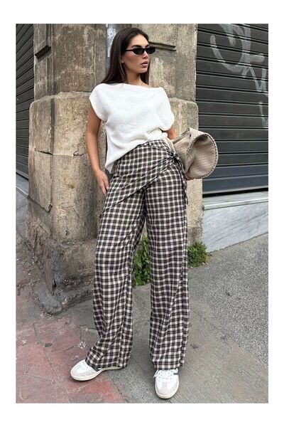LC Waikiki Nevavm Brown Plaid Trousers with Scarf Mg2734