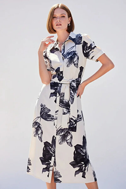 buğrahayalin Women's Shirt Collar Belted Short Sleeve Floral Patterned Viscos...