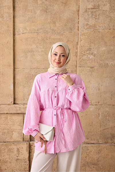 LOCCO Women's Striped Patterned Waist-Tie Shirt Pink