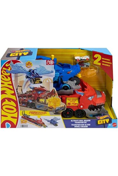 HOT WHEELS |   ناقل التنانين المزدوج الفاخر مع سيارتين كبيرتين للتنانين وتنين...