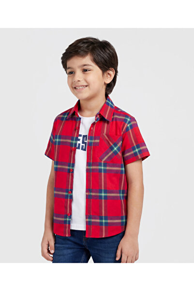 Pine kids Cotton Woven Half Sleeves Checks Shirt with Text Printed T-Shirt - Red