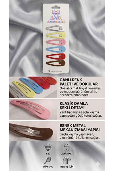 Aselaksesuarr 6'lı Set Mat Renkli Damla Çıtçıt Klipsli Kadın & Kız Çocuk Toka