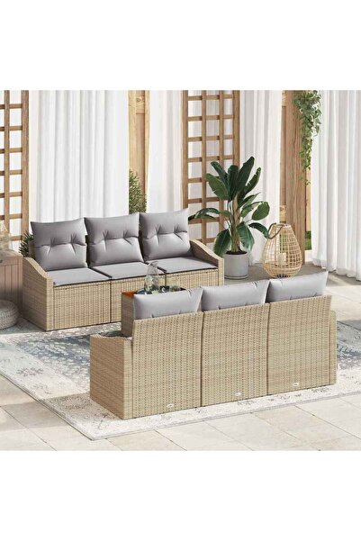 vidaxl Set de canapele pentru gradina cu perna 7 pcs Bej poliratan