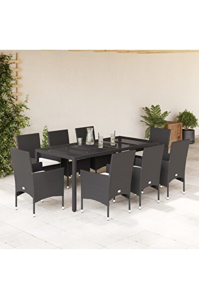 vidaxl Set mobilier de gradina cu perne 9 piese negru poliratan&sticla
