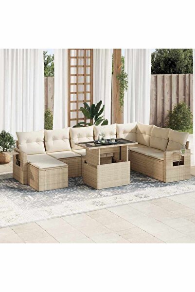 vidaxl Set canapele de gradina, 9 piese, cu perne, bej, poliratan
