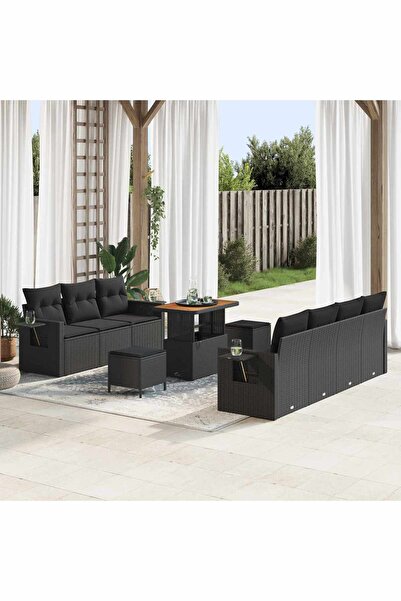 vidaxl Set de canapele pentru gradina cu perna 10 pcs Negru poliratan