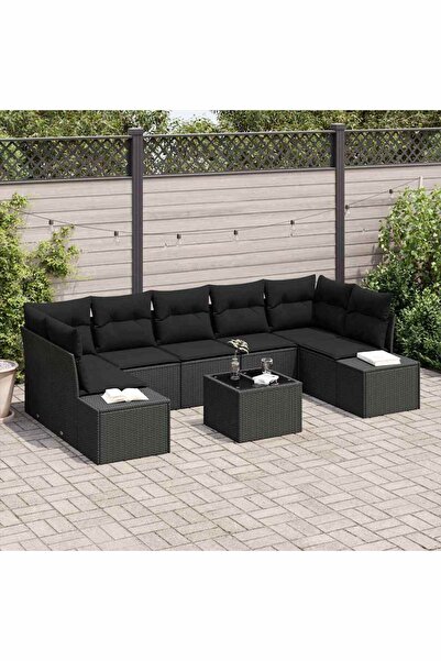 vidaxl Set de canapele pentru gradina cu perna 8 pcs Negru poliratan