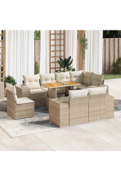 vidaxl Set canapele de gradina, 9 piese, cu perne, bej, poliratan