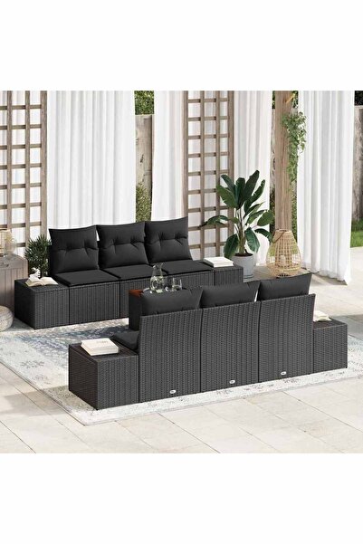 vidaxl Set de canapele pentru gradina cu perna 7 pcs Negru poliratan