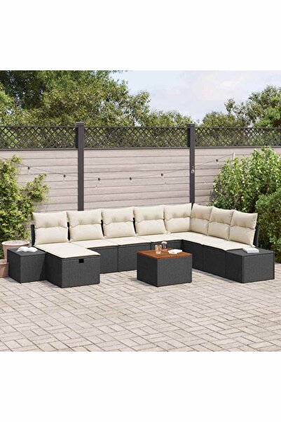 vidaxl Set de canapele pentru gradina cu perna 9 pcs Negru poliratan