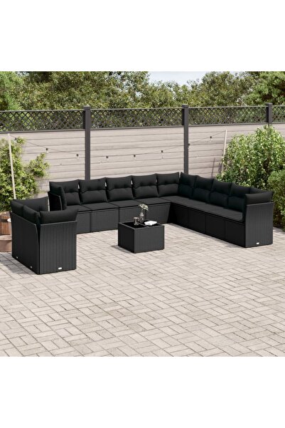 vidaxl Set canapele de gradina, 12 piese, cu perne, negru, poliratan