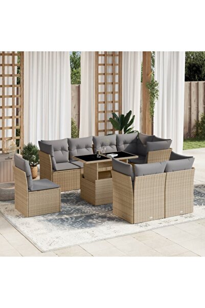 vidaxl Set canapele de gradina, 9 piese, cu perne, bej, poliratan
