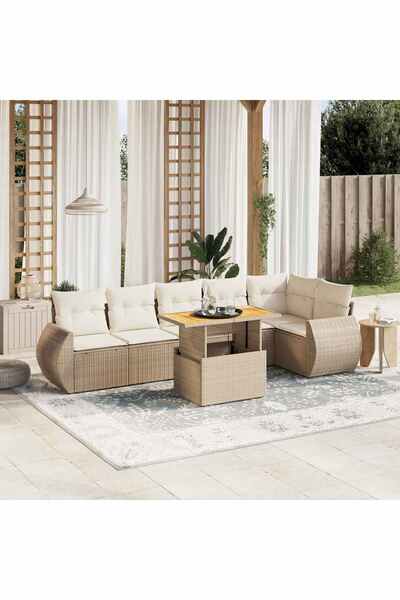 vidaxl Set canapele de gradina, 7 piese, cu perne, bej, poliratan