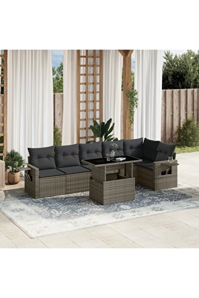 vidaxl Set canapele de gradina, 7 piese, cu perne, gri, poliratan