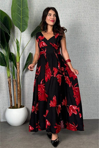Kokosh moda Kadın Yeni Sezon Çiçek Desenli Yırtmaçlı Maxi Elbise