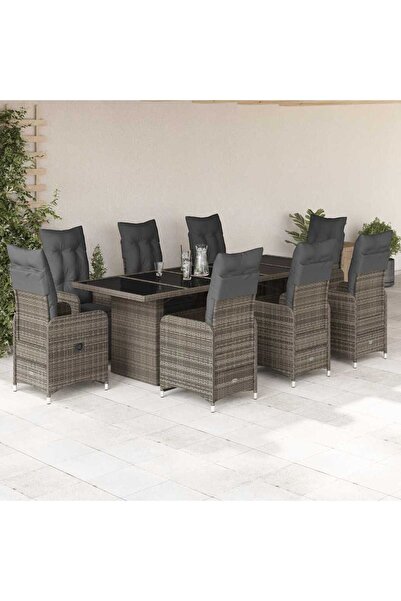vidaxl Set bistro de gradina cu perne, 9 piese, gri, poliratan
