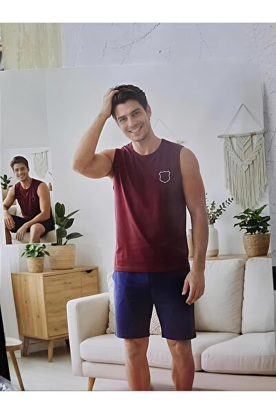 Lila Erkek Bordo Lacivert Sıfır Kol Şortlu Pijama Takımı