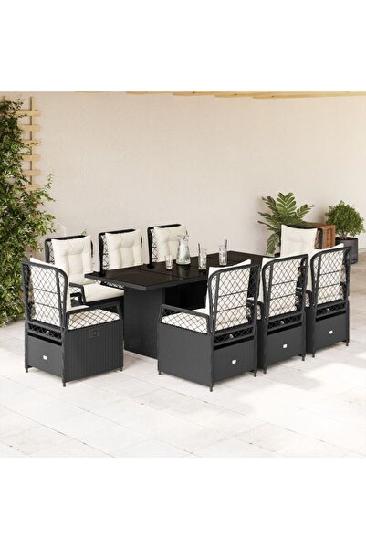 vidaxl Set mobilier de gradina cu perne, 9 piese, negru, poliratan