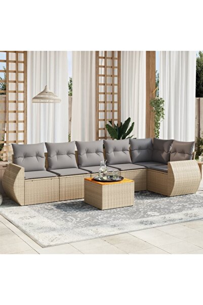 vidaxl Set canapele de gradina, 7 piese, cu perne, bej, poliratan