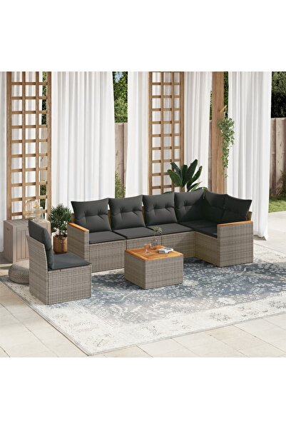 vidaxl Set canapele de gradina, 7 piese, cu perne, gri, poliratan
