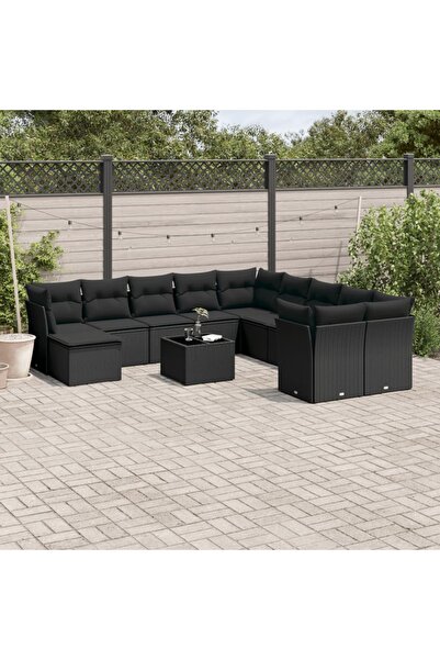 vidaxl Set canapele de gradina, 12 piese, cu perne, negru, poliratan