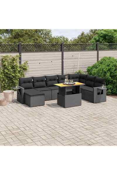 vidaxl Set mobilier de gradina cu perne, 9 piese, negru, poliratan