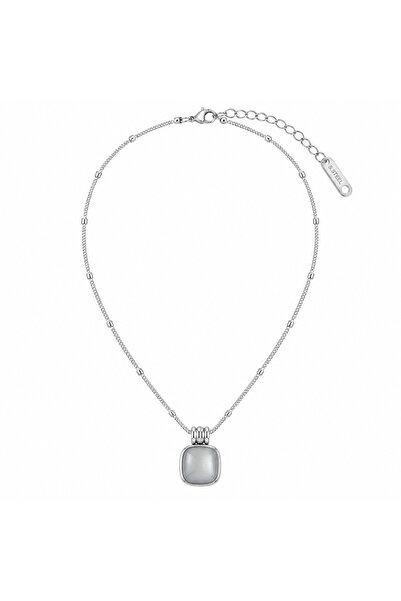 Selay Accessory Silver Square Stone Detailed Necklace Steel Does Not Tarnish