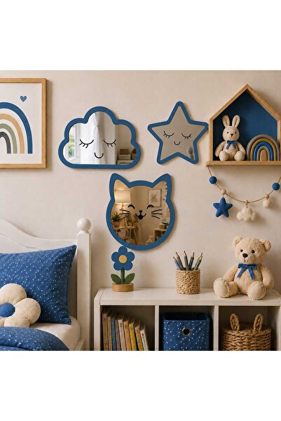 M.ART DEKORASYON Bulut Yıldız Kedi Mdf Pleksi Ayna Çocuk Odası Süsleri 3 Lü Set