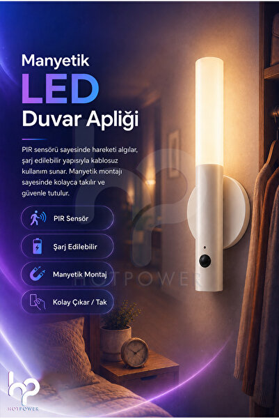 HOT POWER Beyaz Manyetik LED Duvar Apliği PIR Sensörlü Şarjlı Kablosuz Işık