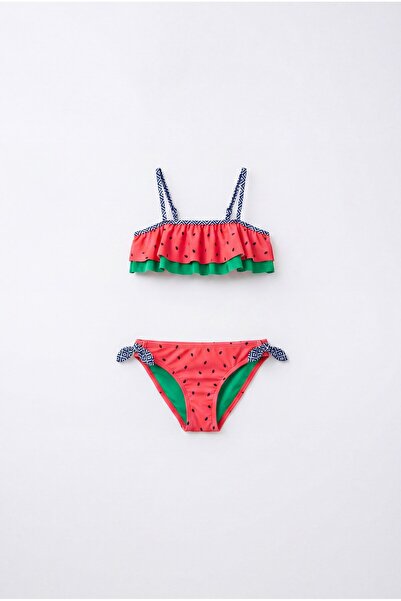 Magu Kız Çocuk Pamuklu Karpuz Desenli Fırfırlı Bikini Mayo Takımı