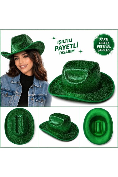 NW NessiWorld Shiny Green Cowboy Hat for Women Men Party Disco Festival Hat