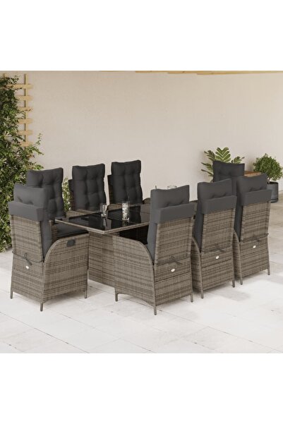 vidaxl Set mobilier gradina cu perne, 9 piese, gri, poliratan