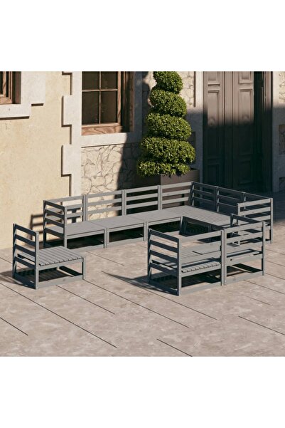 vidaxl Set mobilier de gradina, 9 piese, gri, lemn masiv de pin