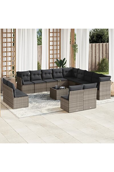 vidaxl Set mobilier de gradina cu perne, 14 piese, gri, poliratan