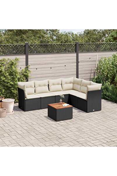 vidaxl Garden sofa set with cushions, 7 pieces, black, polyrattan