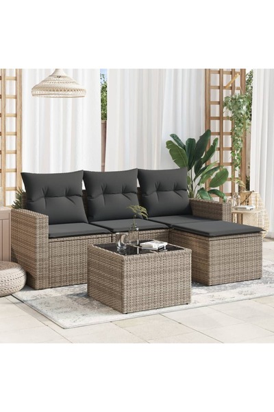 vidaxl Garden sofa set with cushions, 5 pieces, grey, polyrattan