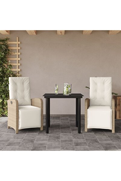 vidaxl Bistro set with cushions, 3 pieces, beige, polyrattan