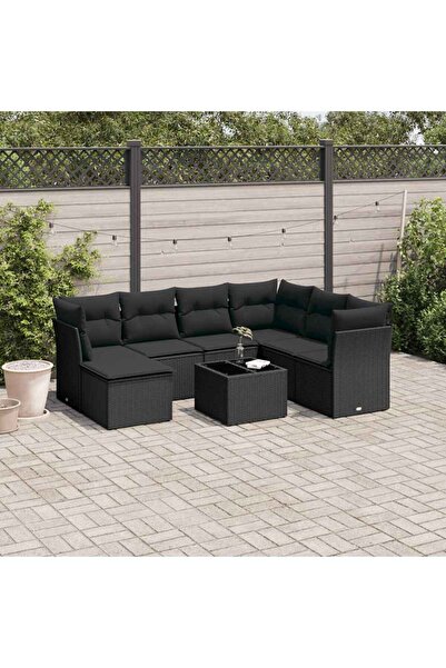 vidaxl Garden furniture set with cushions, 8 pieces, black, polyrattan