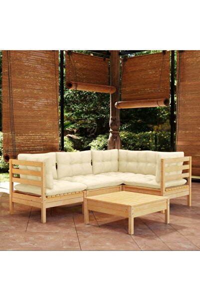 vidaxl Set mobilier gradina cu perne crem, 5 piese, lemn de pin