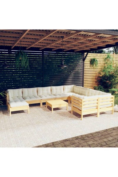 vidaxl Set mobilier gradina cu perne crem, 11 piese, lemn de pin