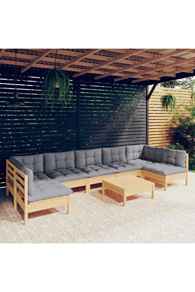 vidaxl Set mobilier de gradina cu perne gri, 8 piese, lemn masiv pin