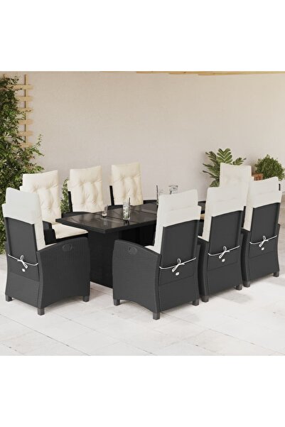 vidaxl Set mobilier de gradina cu perne, 9 piese, negru, poliratan