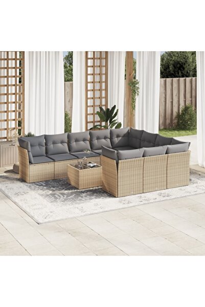 vidaxl Garden sofa set with cushions, 11 pieces, beige, polyrattan