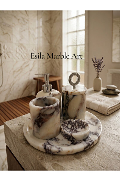ESİLA MARBLE Doğal Mermer Leylak Banyo Seti - 5 Parça Lüks Banyo Aksesuarı