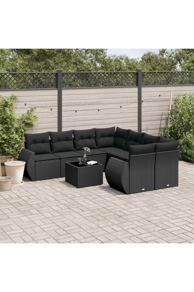 vidaxl Garden furniture set with cushions, 9 pieces, black, polyrattan