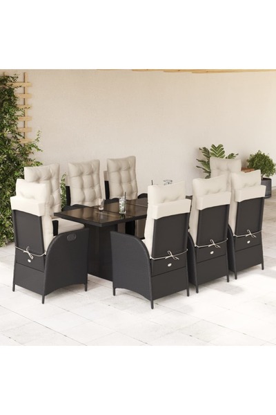 vidaxl Garden furniture set with cushions, 9 pieces, black, polyrattan