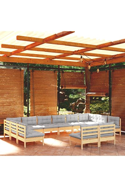 vidaxl Set mobilier gradina cu perne, 12 piese, gri, lemn masiv pin